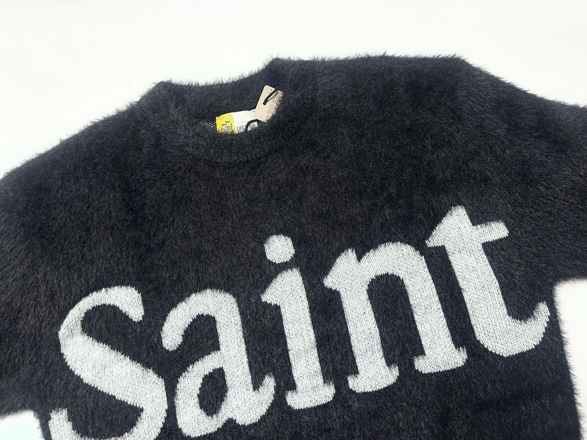 ❥4029#P226 SAINT Mxxxxxx × DENIM TERAS mohair sweater long sleeves BTS same style loose short design + fluffy version same style for men and women Color: Black Size: S M L XL